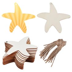 starfish, seashells and tassels are shown on a white background