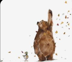 a brown bear standing on its hind legs in front of a duck and butterflies flying around