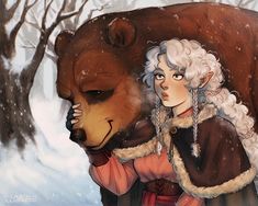 a woman with white hair holding a bear in front of snow covered trees and branches