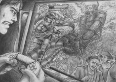 a pencil drawing of a man playing video games