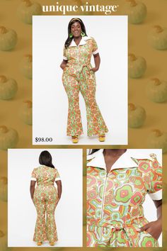 Shake your hips in this stunning 1970s jumpsuit, crafted in a knit blend that features a green retro floral design. Complete with a front zipper, side pockets, and a wide leg..Available in sizes XS-5X while supplies last. | Unique Vintage Plus Size 1970S Green Retro Floral Wide Leg Jumpsuit | Size 5X/26 1970s Jumpsuit, Vintage Plus Size, Green Retro, Retro Floral, Wide Leg Jumpsuit, Unique Vintage, Front Zipper, Plus Size Fashion, 1970s