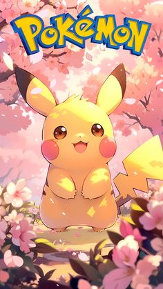 the pokemon character is sitting in front of pink flowers and cherry trees with its eyes closed