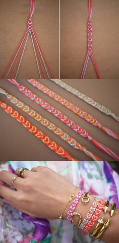 four different colored braided bracelets on a table