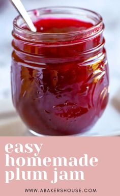 homemade plum jam in a mason jar with a spoon on the side and text overlay