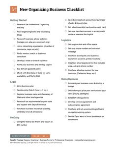 a checklist with the words new organizing business checklist written in orange on it