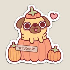 a sticker with a dog sitting on top of a pile of pumpkins and the words trustdoodle