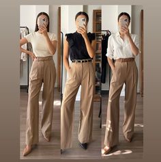 Beige Pant Work Outfits, High Waisted Cream Pants Outfit, Tan Tapered Pants Outfit, Casual Work Outfits Beige Pants, Tan Pants Casual Outfit, Fall Outfits With Beige Pants, Beige Trouser Pants Outfit, High Waisted Tan Pants Outfit, Beige Dressy Pants Outfit