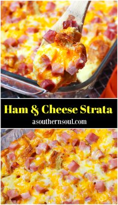 ham and cheese strata casserole in a glass dish with a wooden spoon