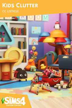 the children's cluttered room is full of toys and books for kids to play with