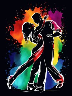 a couple dancing the salsa in front of an abstract background