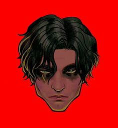 a drawing of a man with black hair and brown eyes on a red background is shown