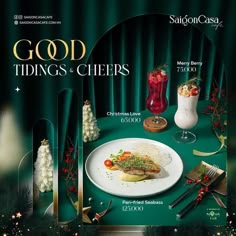 an advertisement for good tidings and chefs featuring food on a plate with christmas decorations