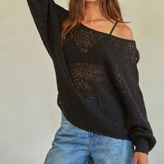 This Long Sleeve Round Neck Sweater Adds Some Coverage With The Knit Crochet Design And Is Sheer Enough To See A Cute Crop Top Or Cami Underneath. You Can Wear This Sweater On Or Off The Shoulder For A Fun And Versitile Look! Made By "By Together." New With Tags Attached. 65% Cotton 35% Acrylic Holey Sweater Outfit, Off The Shoulder Crochet Sweater, Crochet Fall Clothes, Crochet Summer Sweater, Goth Sweaters, 2024 Crochet, Knit Crochet Sweater, Fall Thrift, Thrift Board