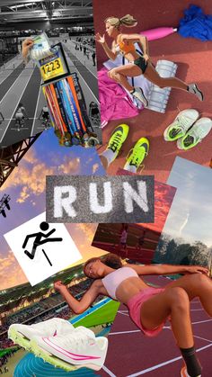 a collage of photos with the word run written on them and running images in different colors