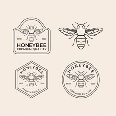 four honeybee badges with the words honeybee written in black and white on them