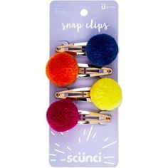 With scunci, it's a snap to add spirited style to your look, whether you're a cheerleader, a dancer, an athlete, an actress, a scholar or all of the above! Colorful, soft yarn pom-poms adorn clips for a quick and easy way to elevate your look. They snap on and stay on! Size: one size.  Color: Pink.  Gender: unisex.  Age Group: adult. Yarn Pom Pom, Snap Clips, Soft Yarn, Pom Poms, Beauty Care, Cloth Bags, Cheerleading, Multi Colored, Bobby Pins