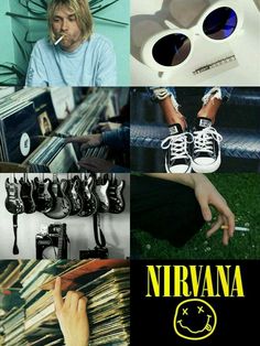 a collage of photos with various items including shoes, sunglasses and an advertisement for nirvana