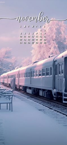 there is a calendar with a train on the tracks next to snow covered trees and benches