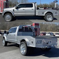 two pictures of a silver pickup truck parked in a parking lot