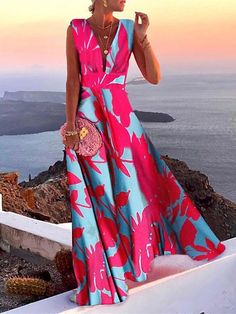 Women's Casual Dress Swing Dress Floral Dress Long Dress Maxi Dress Green Blue Pink Sleeveless Floral Print Spring Summer Deep V Hot Daily 2023 S M L XL XXL 2024 - $41.99