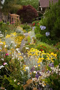 a garden filled with lots of flowers next to a house