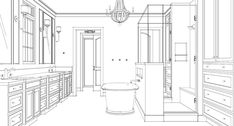 a line drawing of a bathroom with cabinets