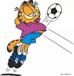 a cartoon cat is kicking a soccer ball