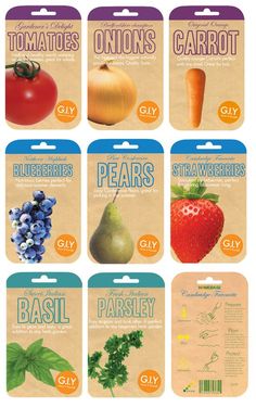 six tags with different types of fruits and vegetables on them, all labeled in english