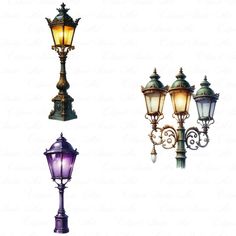 three different colored street lights on a white background, one is purple and the other is green