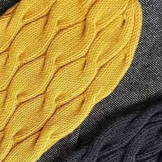 an image of a pair of yellow and blue knitted mittens on top of gray sweaters