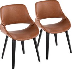 two brown leather chairs with black legs