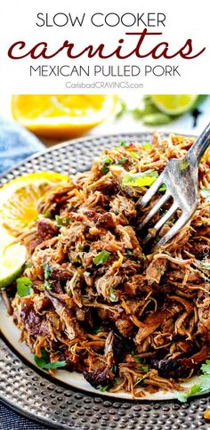 slow cooker carnitas mexican pulled pork on a plate