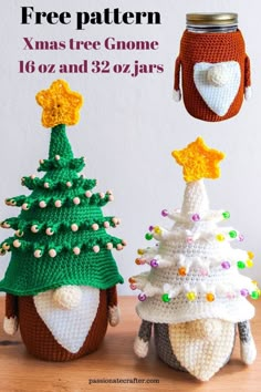 two crocheted christmas trees sitting next to each other