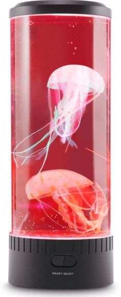 a jellyfish in a glass tank with red water and black base, on a white background