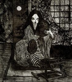 a black and white drawing of a woman sitting on a rocking chair