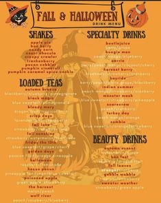 a halloween menu with pumpkins and witches