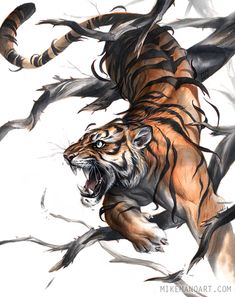 a drawing of a tiger running through the air