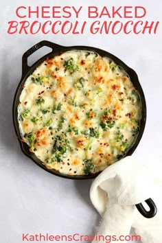 cheesy baked broccoli gnocchi in a cast iron skillet