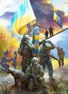 an image of some soldiers and dogs in the woods with flags flying above their heads