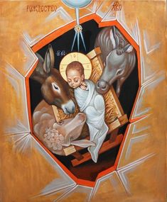 a painting of jesus and two donkeys in an octagonal frame with the words poxeccioo on it