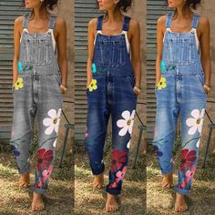 Olivia Mark - Washed Denim Overalls with Printed Floral Design Jumpsuits For Women Classy, Vintage Playsuit, Upcycle Denim, Suspender Jeans, Boho Jeans, Denim Fashion Women, Floral Print Jumpsuit, Altered Clothing, Suspender Pants