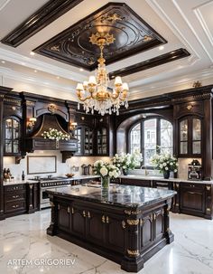 a large kitchen with marble counter tops and wooden cabinets, chandelier hanging from the ceiling