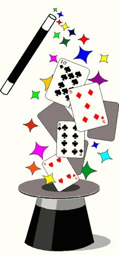 playing cards falling out of a magician's hat with a pen and stars in the background