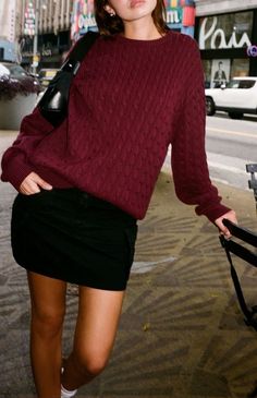 Wine Color Sweater Outfit, Red Turtle Neck Outfit Aesthetic, Chic Red Outfit, Wine Red Top Outfit, Black Skirt And Red Top Outfit, Red Sweater Black Skirt Outfit, Red Ralph Lauren Sweater Outfit, Fall Outfits Burgundy, Red Cable Knit Sweater Outfit