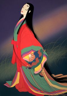 a woman in a red and green kimono is looking up at the sky with her eyes closed