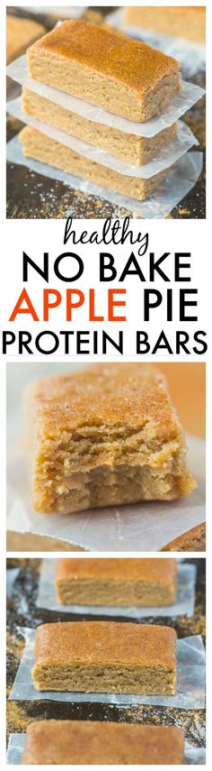 no bake apple pie protein bars stacked on top of each other with text overlay