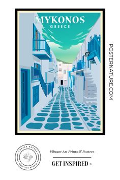 the cover of mykonos greece travel guide, with an image of a narrow street