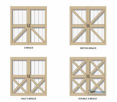 four different types of wooden doors with measurements for each door and the names on them