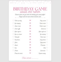 a birthday game with pink and white text