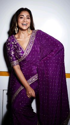 Kavitha Gutta, Draped Sarees, Purple Sari, Desi Couture, Embellished Saree, Sari Design, Wearing Purple